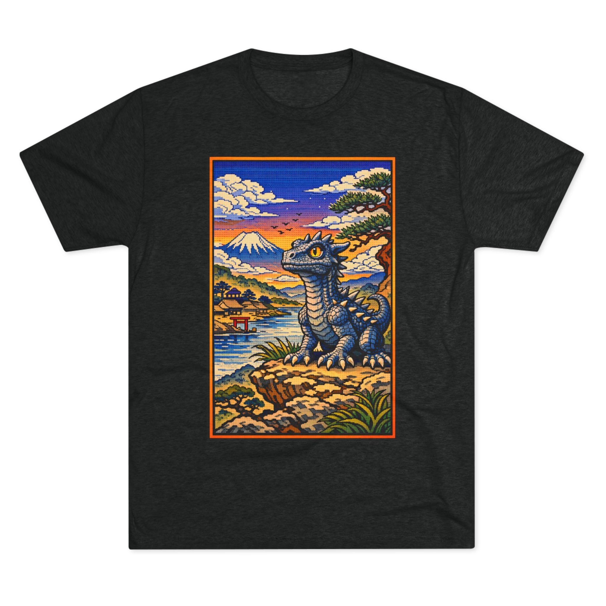 Kaiju in Ukiyo-e Sunset T-Shirt — Japanese Pet Dragon Retro Art Tee