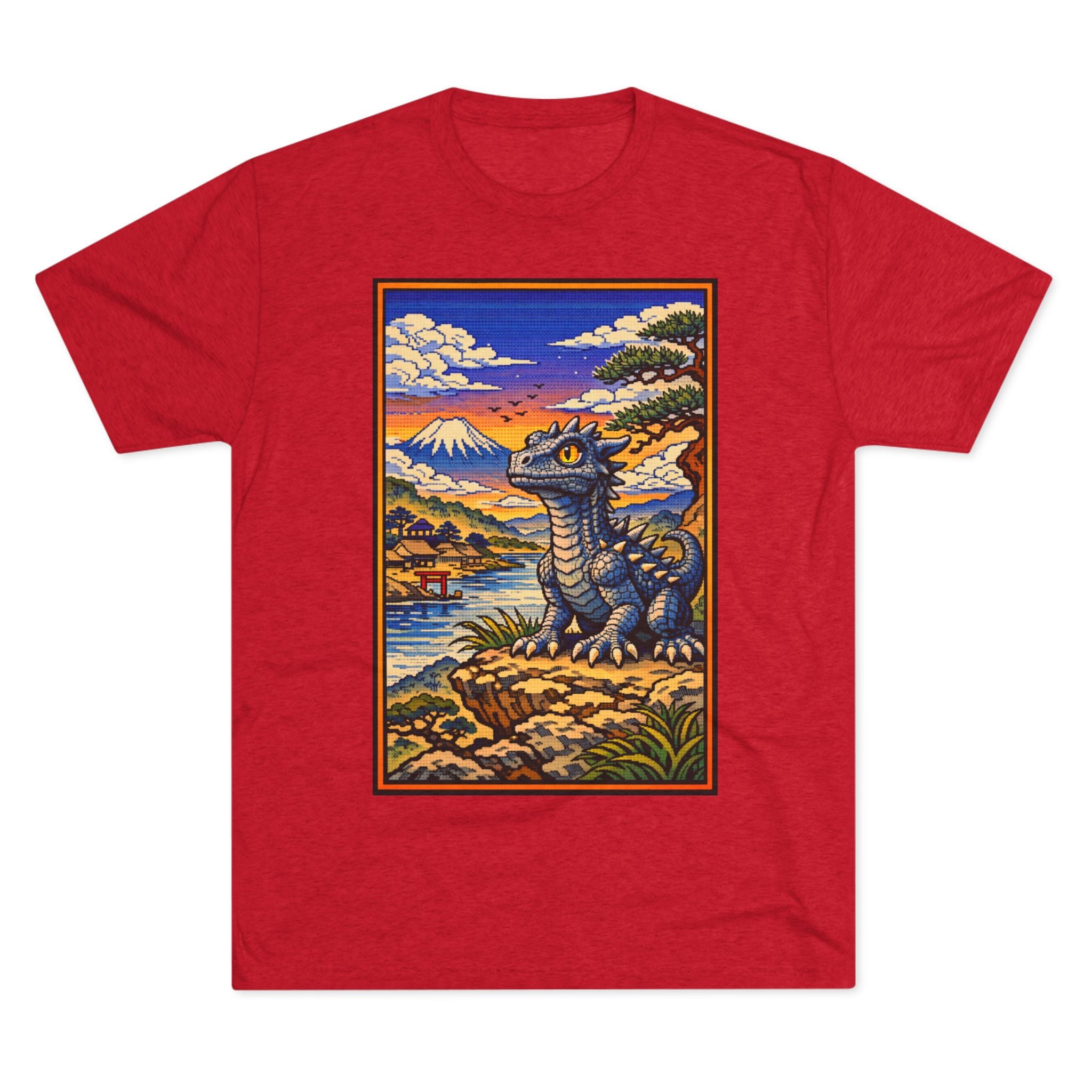 Kaiju in Ukiyo-e Sunset T-Shirt — Japanese Pet Dragon Retro Art Tee