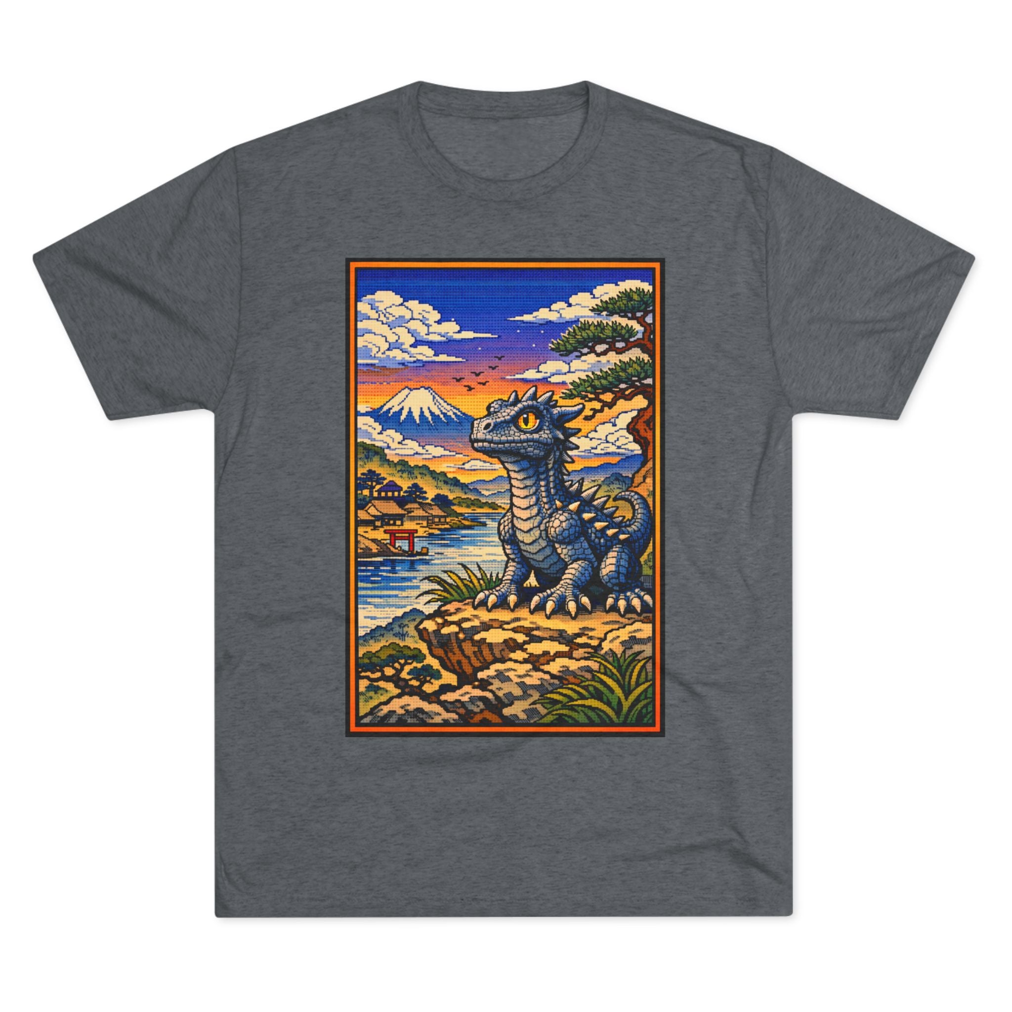 Kaiju in Ukiyo-e Sunset T-Shirt — Japanese Pet Dragon Retro Art Tee