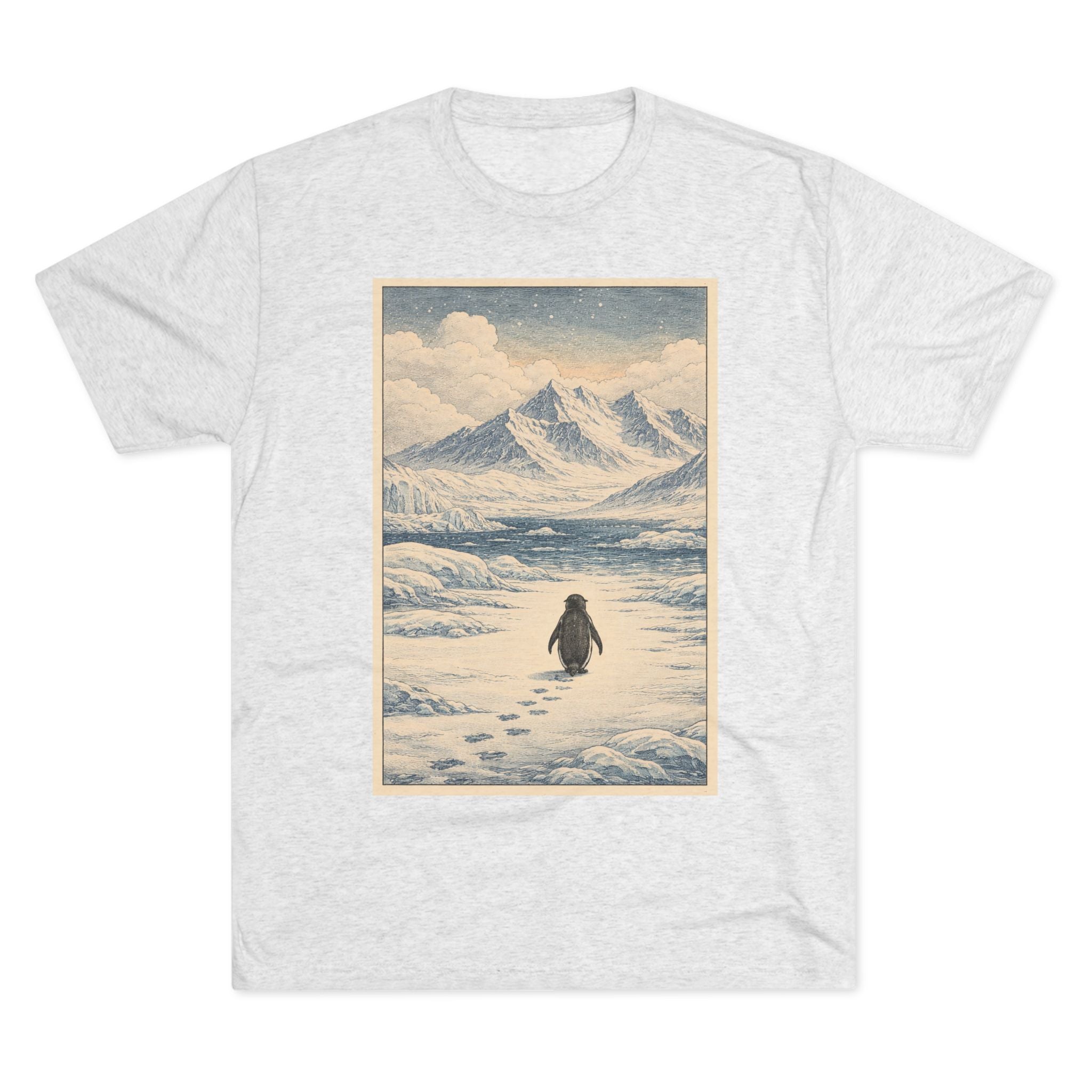 Penguin Journey Tee — Vintage Arctic Mountaintop Illustration