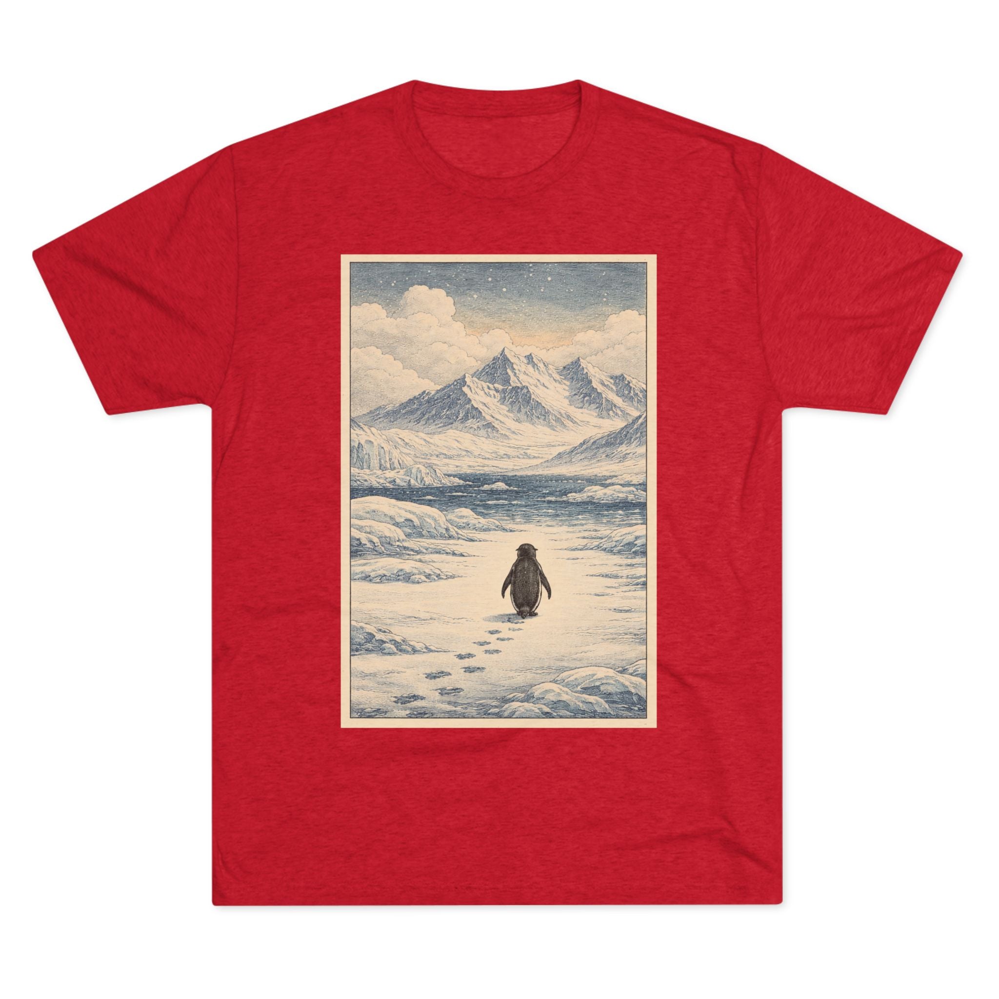 Penguin Journey Tee — Vintage Arctic Mountaintop Illustration