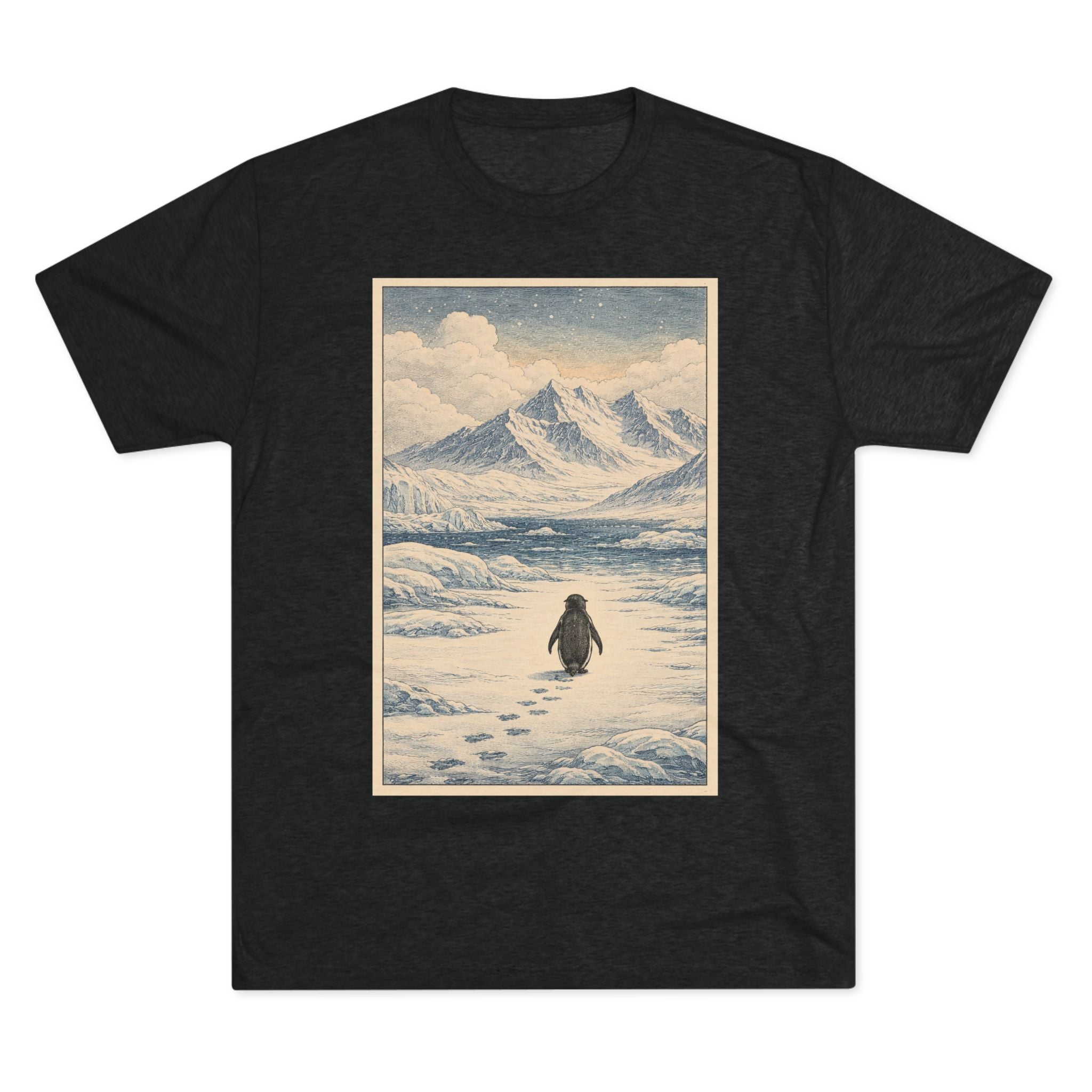 Penguin Journey Tee — Vintage Arctic Mountaintop Illustration
