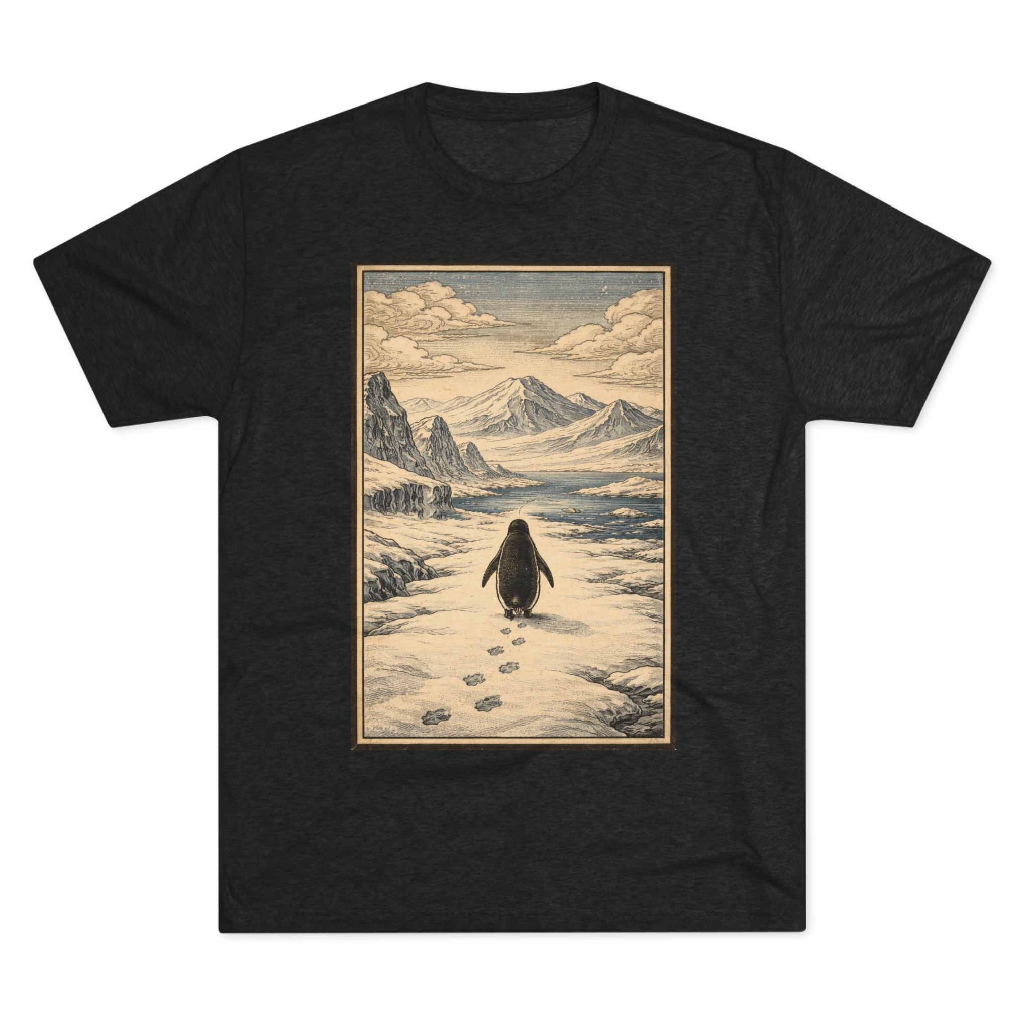 Penguin in Winter Mountain Tee — Vintage Nature Graphic T‑Shirt