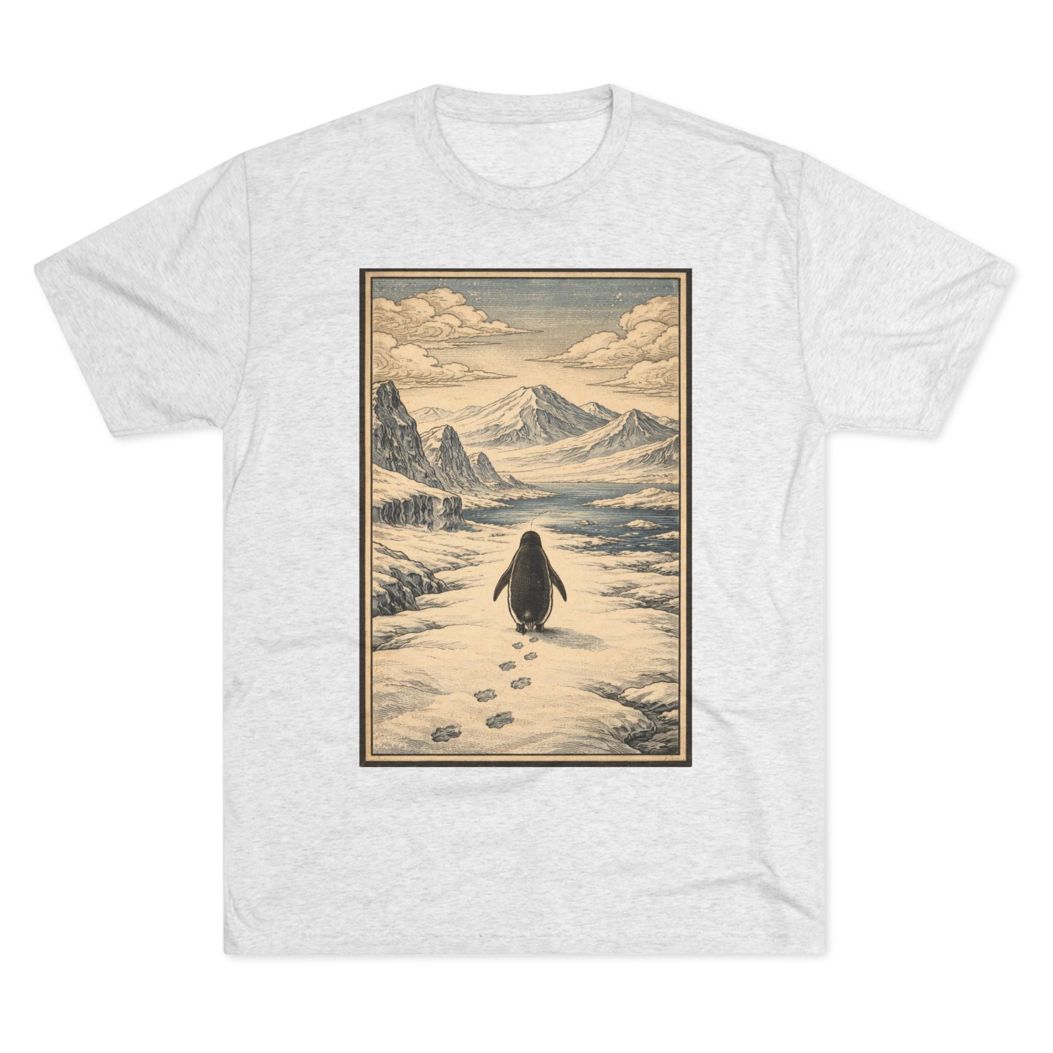 Penguin in Winter Mountain Tee — Vintage Nature Graphic T‑Shirt