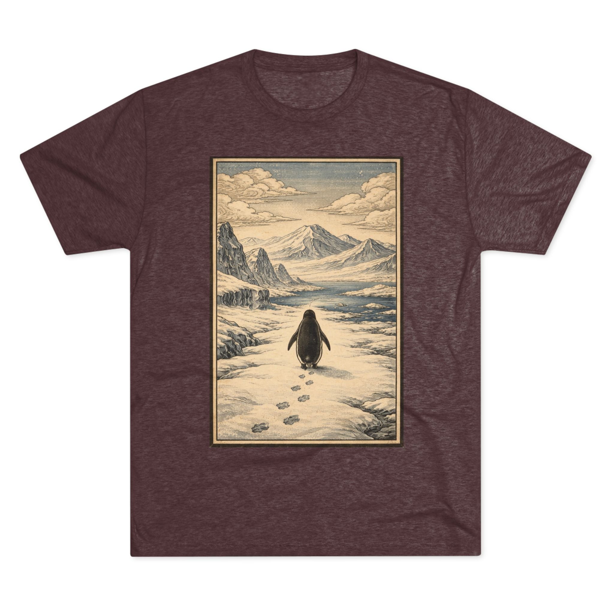 Penguin in Winter Mountain Tee — Vintage Nature Graphic T‑Shirt