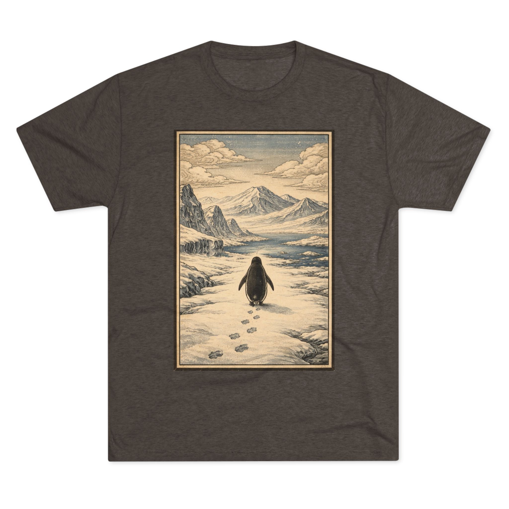 Penguin in Winter Mountain Tee — Vintage Nature Graphic T‑Shirt