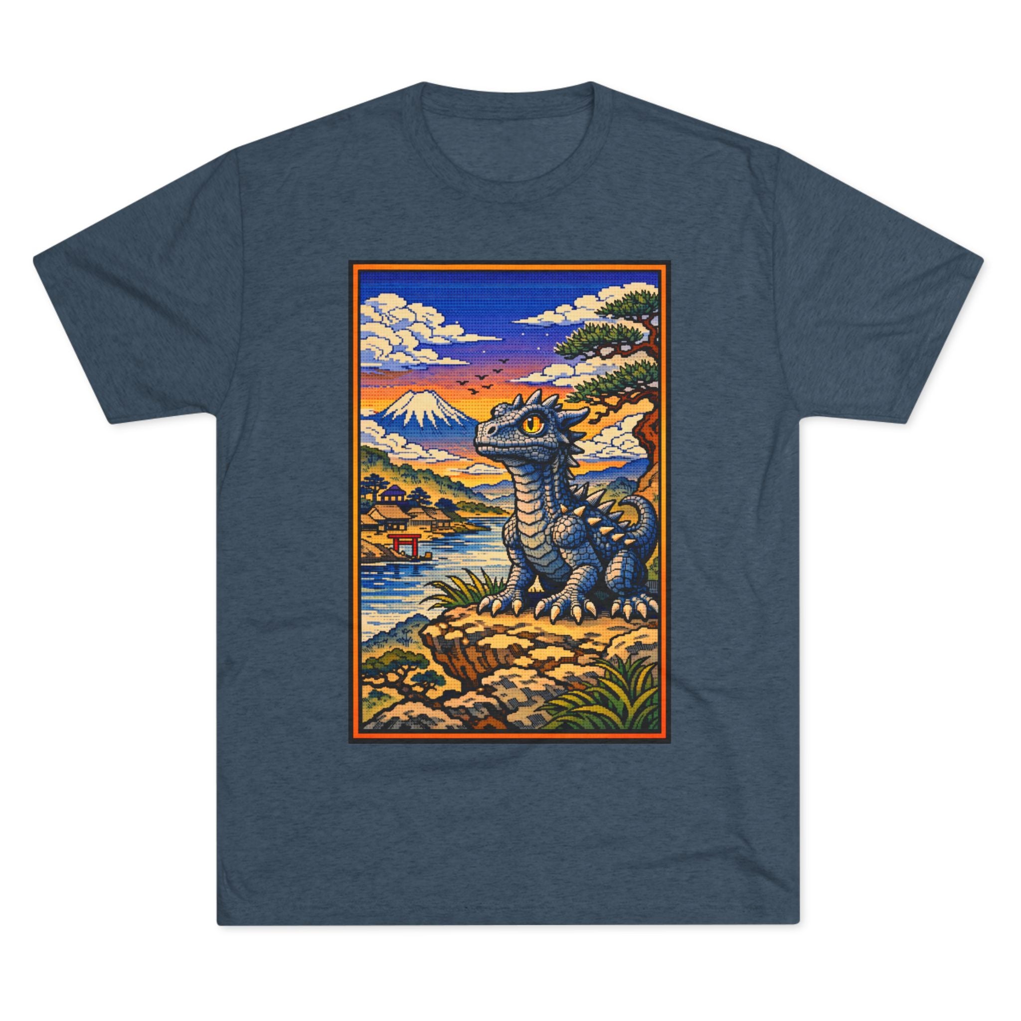 Kaiju in Ukiyo-e Sunset T-Shirt — Japanese Pet Dragon Retro Art Tee