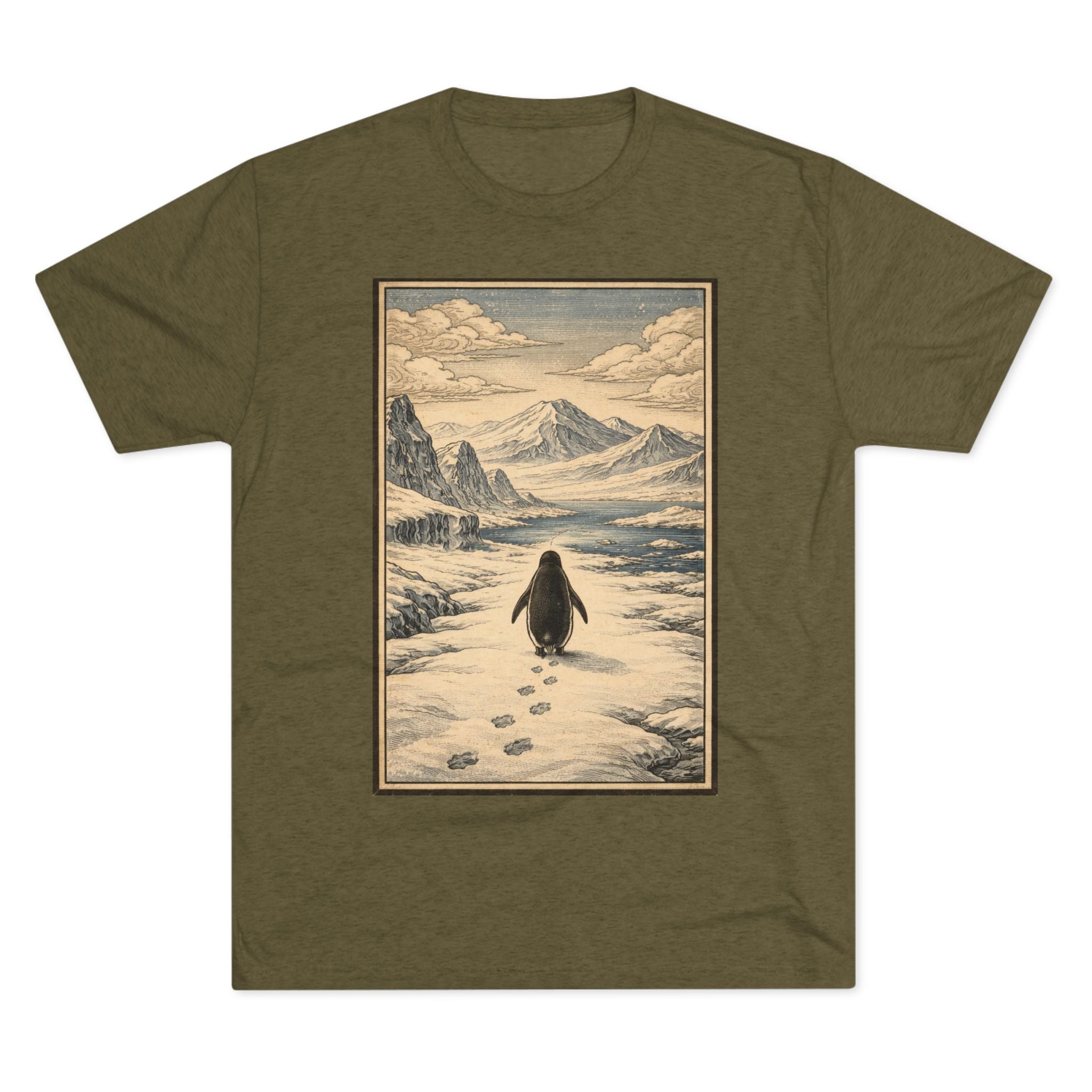 Penguin in Winter Mountain Tee — Vintage Nature Graphic T‑Shirt