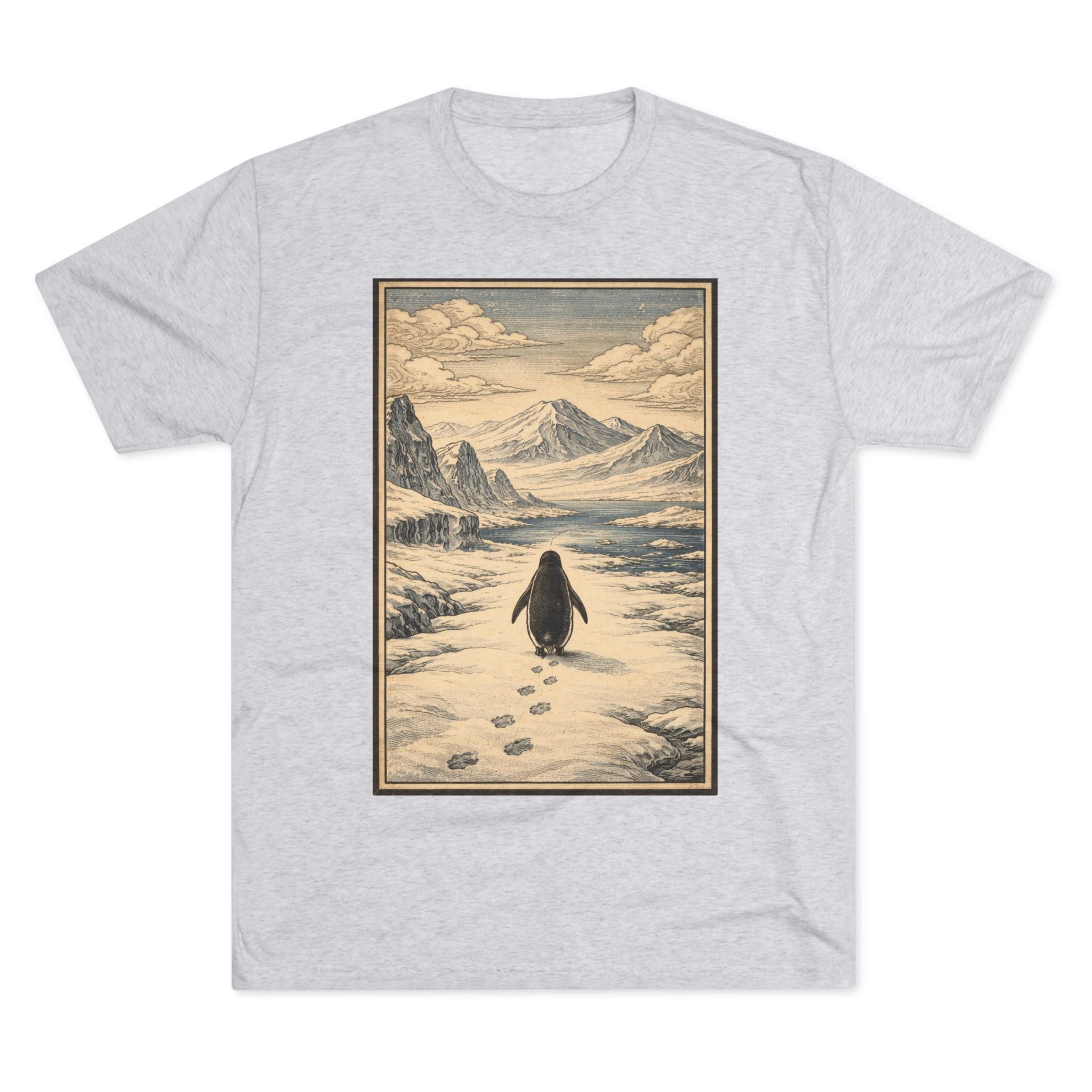 Penguin in Winter Mountain Tee — Vintage Nature Graphic T‑Shirt