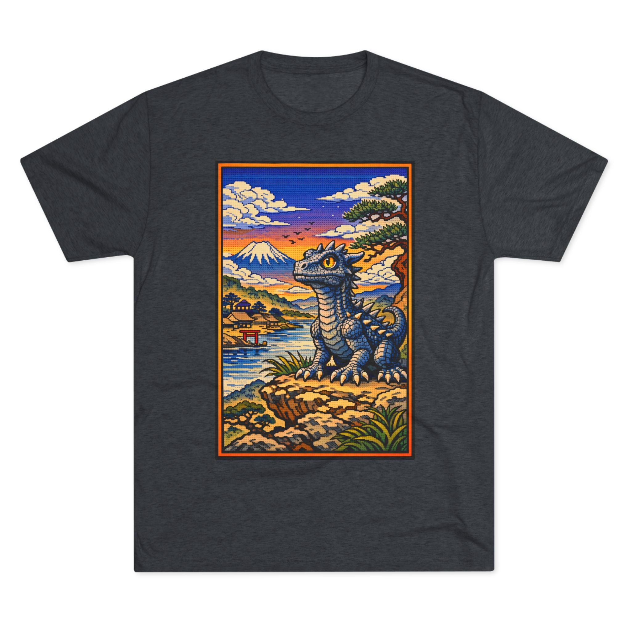Kaiju in Ukiyo-e Sunset T-Shirt — Japanese Pet Dragon Retro Art Tee