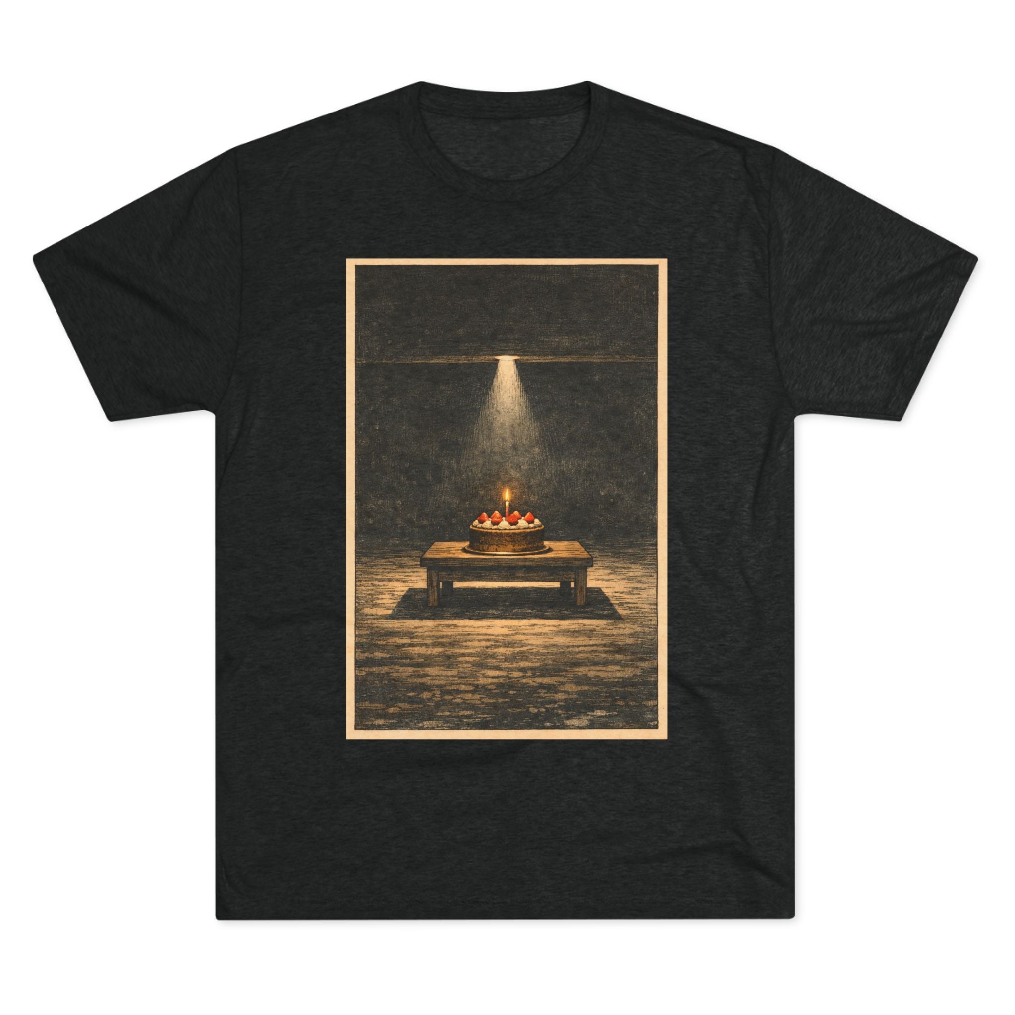 The Cake is a Lie T‑Shirt — Vintage Spotlight Birthday Cake Illustration Tee