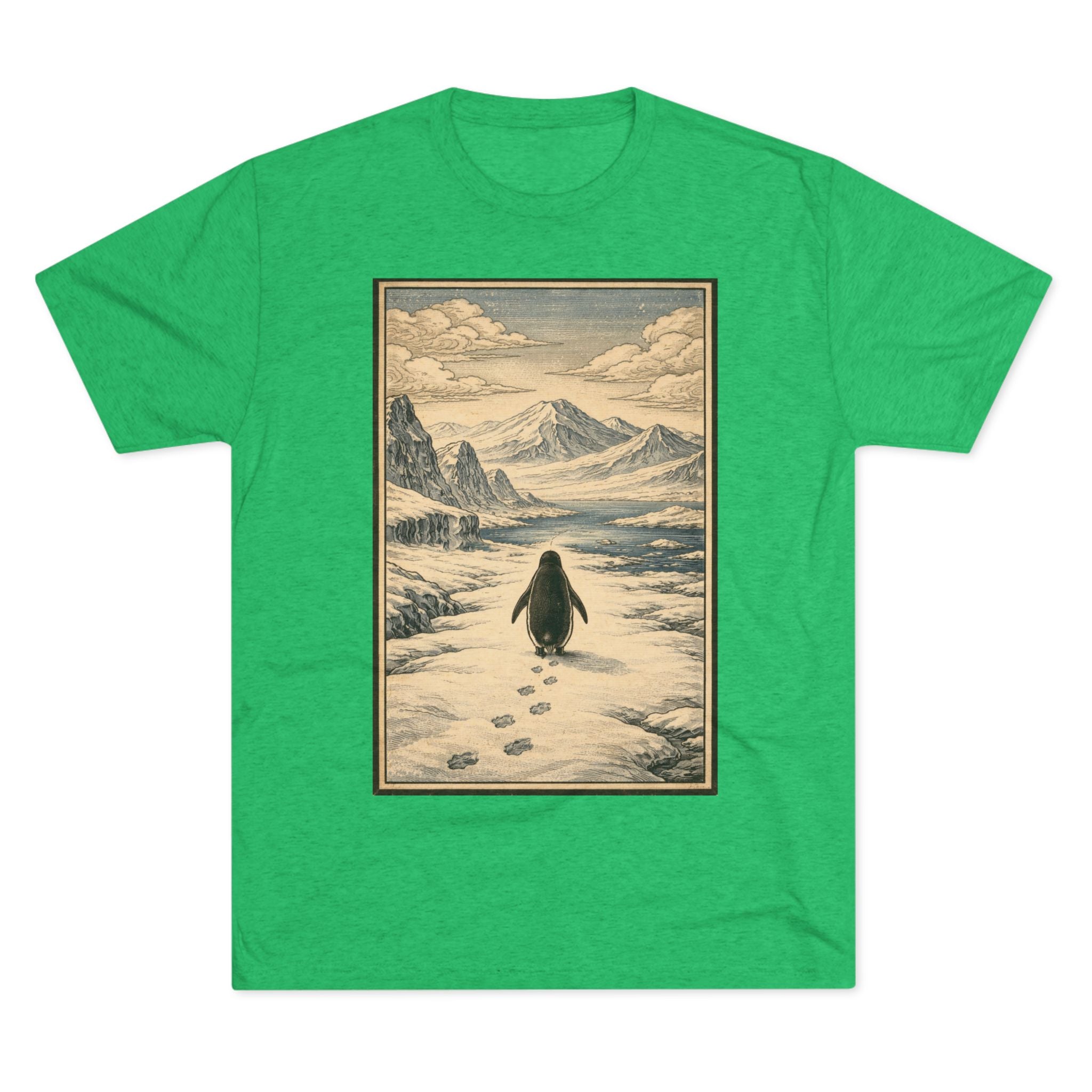 Penguin in Winter Mountain Tee — Vintage Nature Graphic T‑Shirt