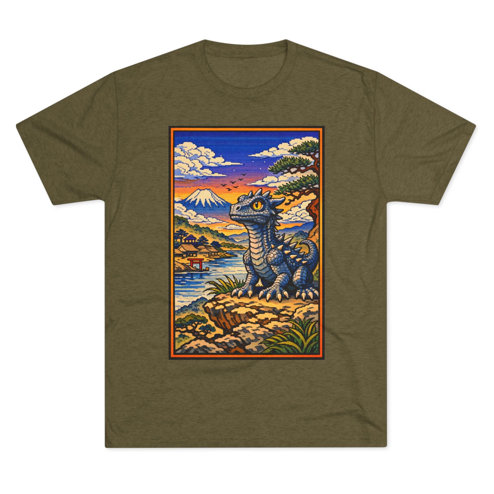 Kaiju in Ukiyo-e Sunset T-Shirt — Japanese Pet Dragon Retro Art Tee