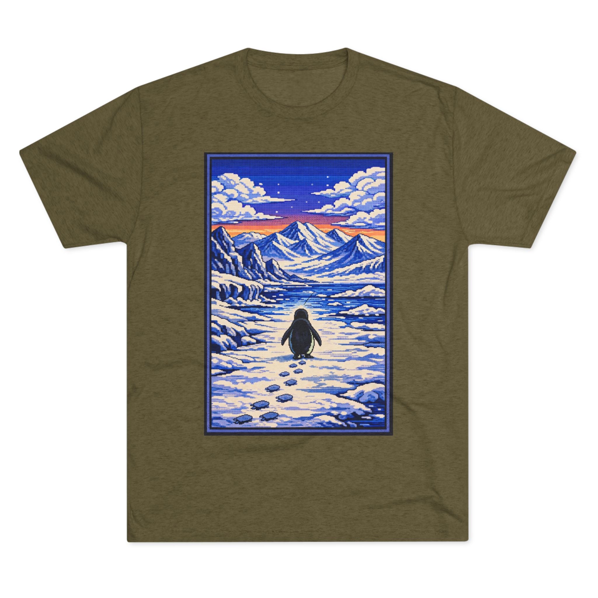 Penguin in Snow Tee — Winter Mountain Scenic Graphic T-Shirt
