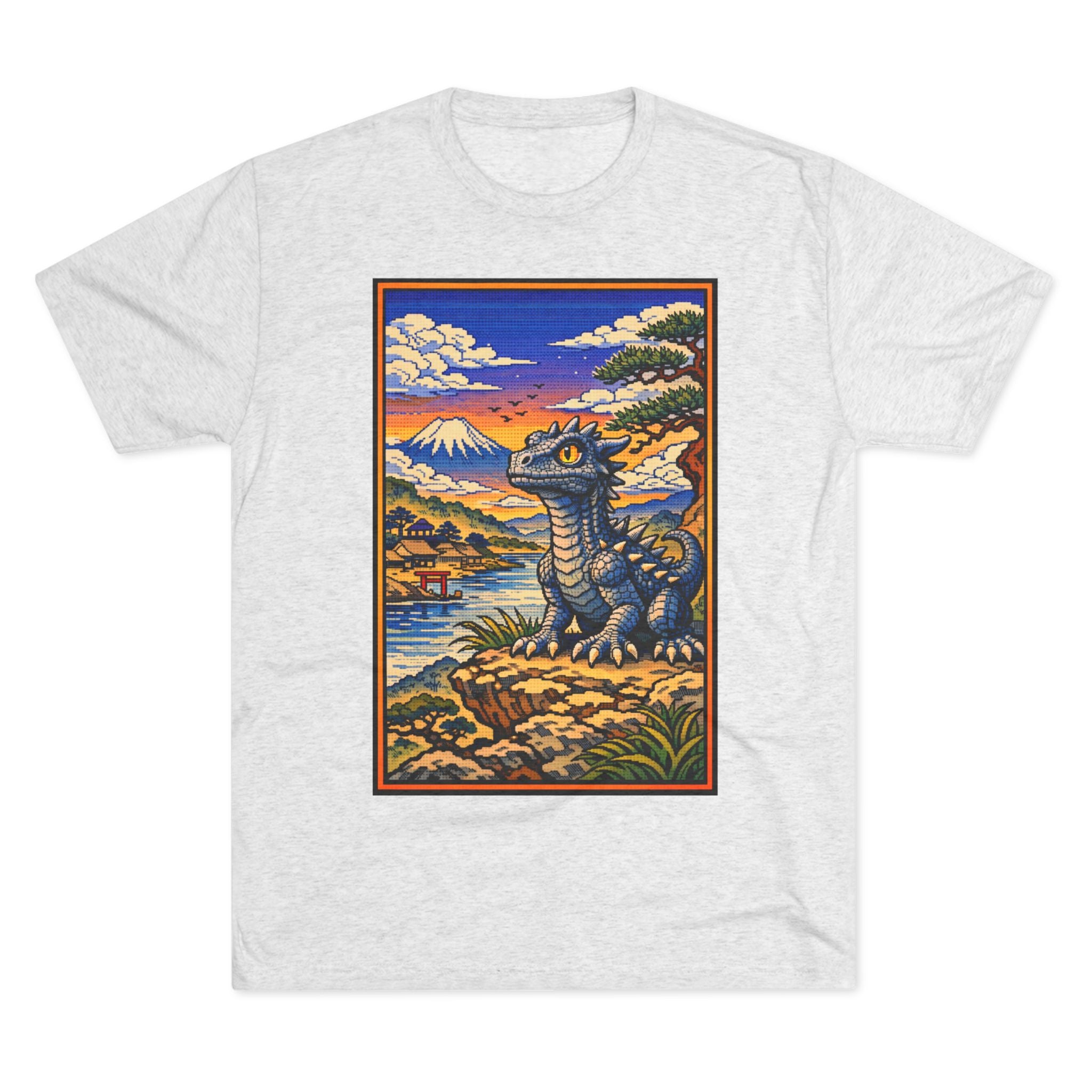 Kaiju in Ukiyo-e Sunset T-Shirt — Japanese Pet Dragon Retro Art Tee