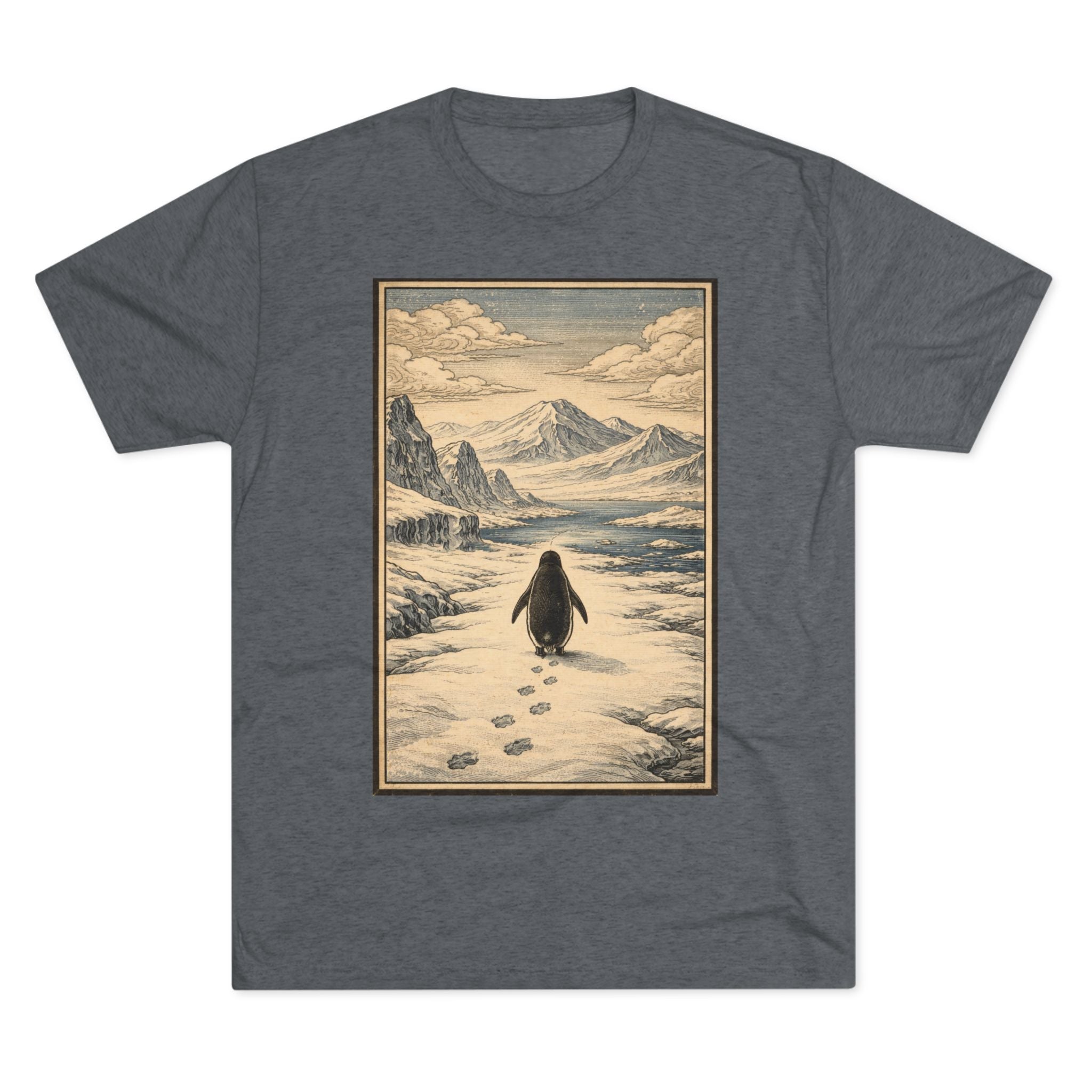 Penguin in Winter Mountain Tee — Vintage Nature Graphic T‑Shirt