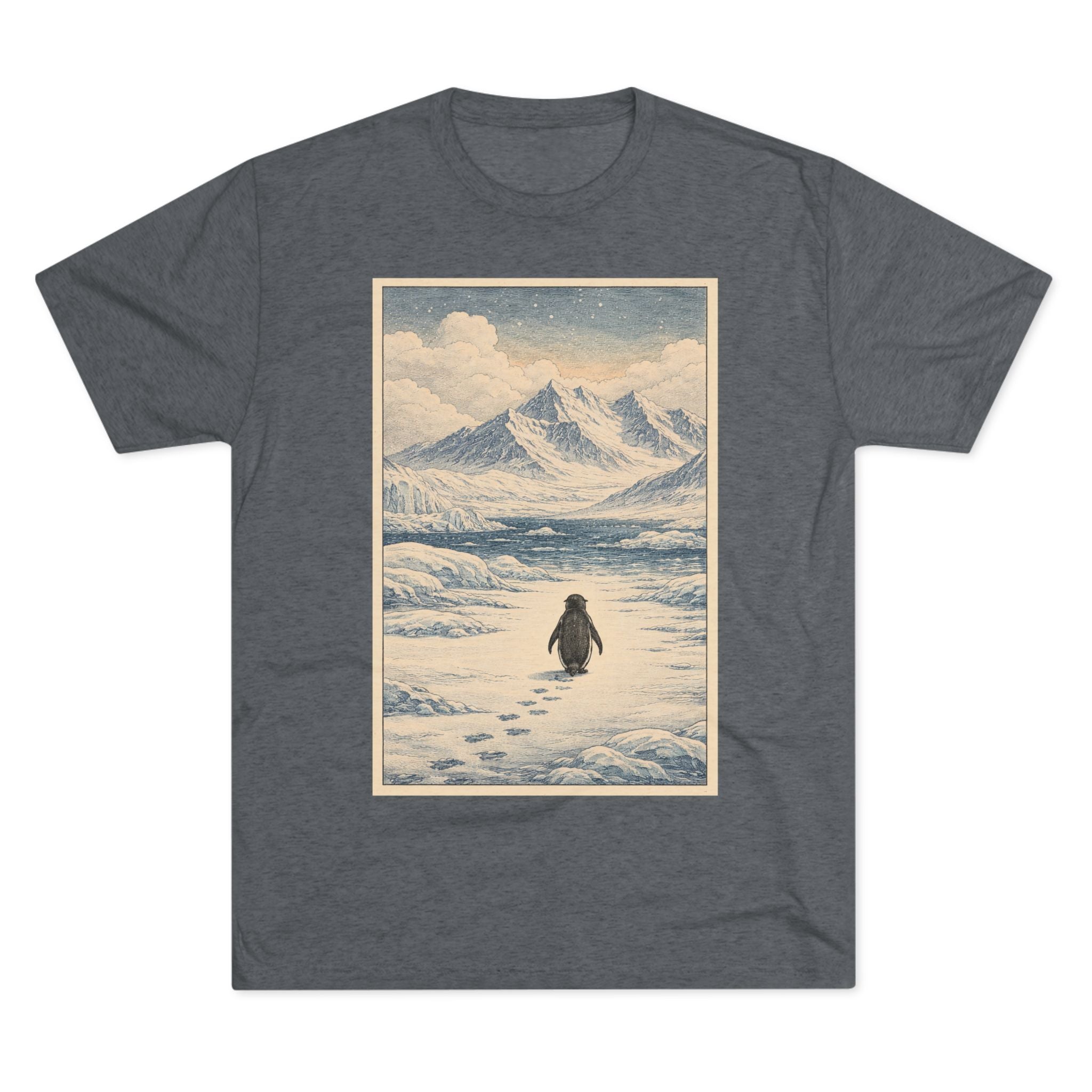 Penguin Journey Tee — Vintage Arctic Mountaintop Illustration