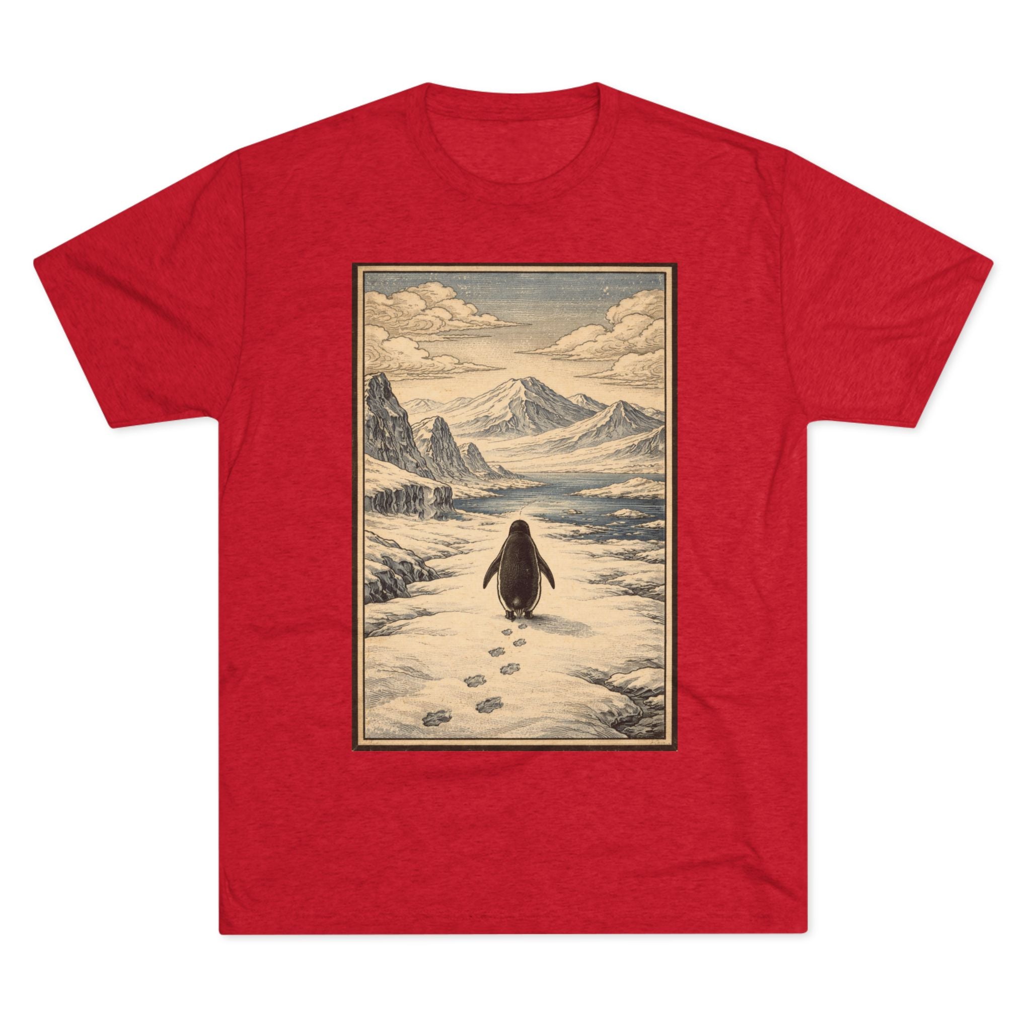 Penguin in Winter Mountain Tee — Vintage Nature Graphic T‑Shirt