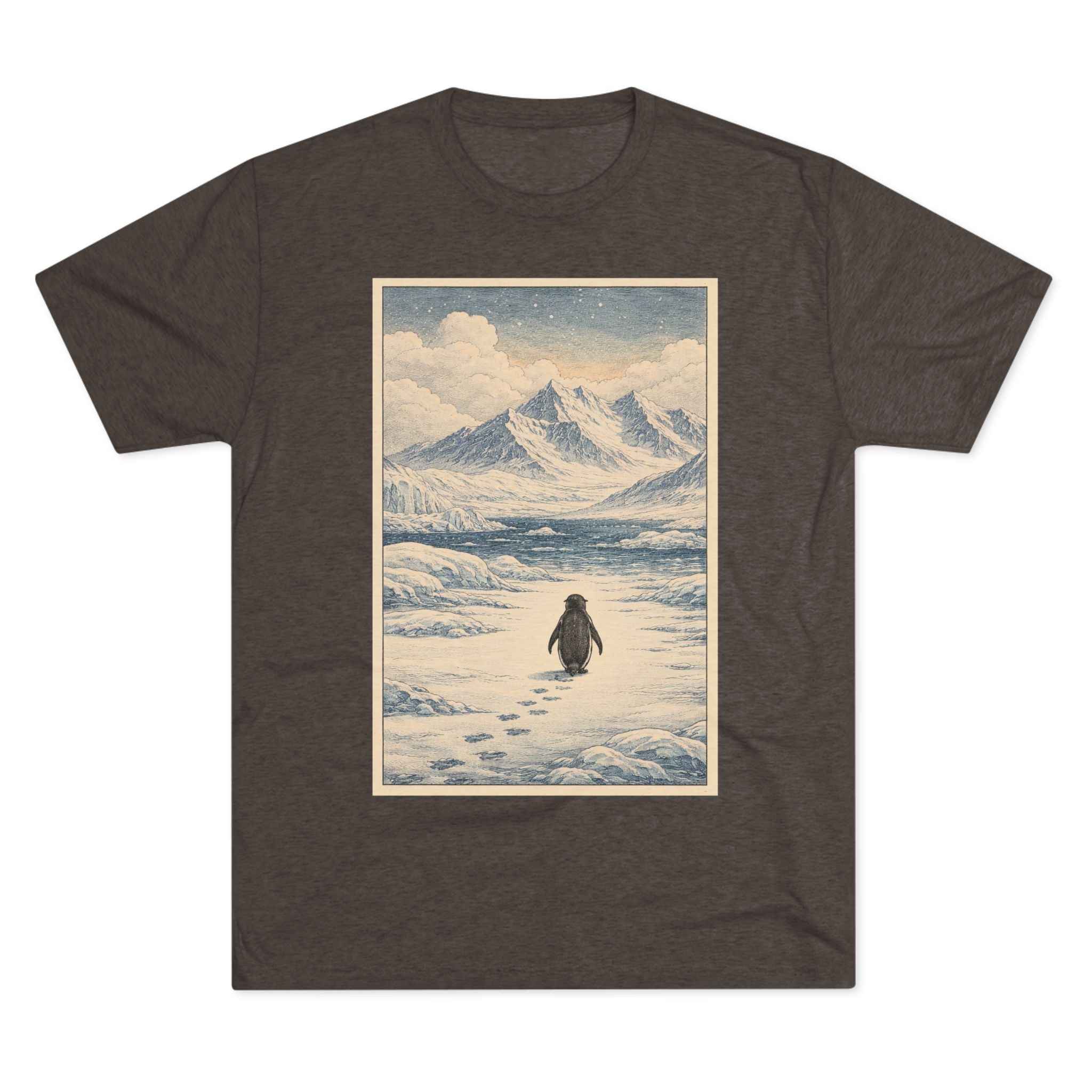 Penguin Journey Tee — Vintage Arctic Mountaintop Illustration