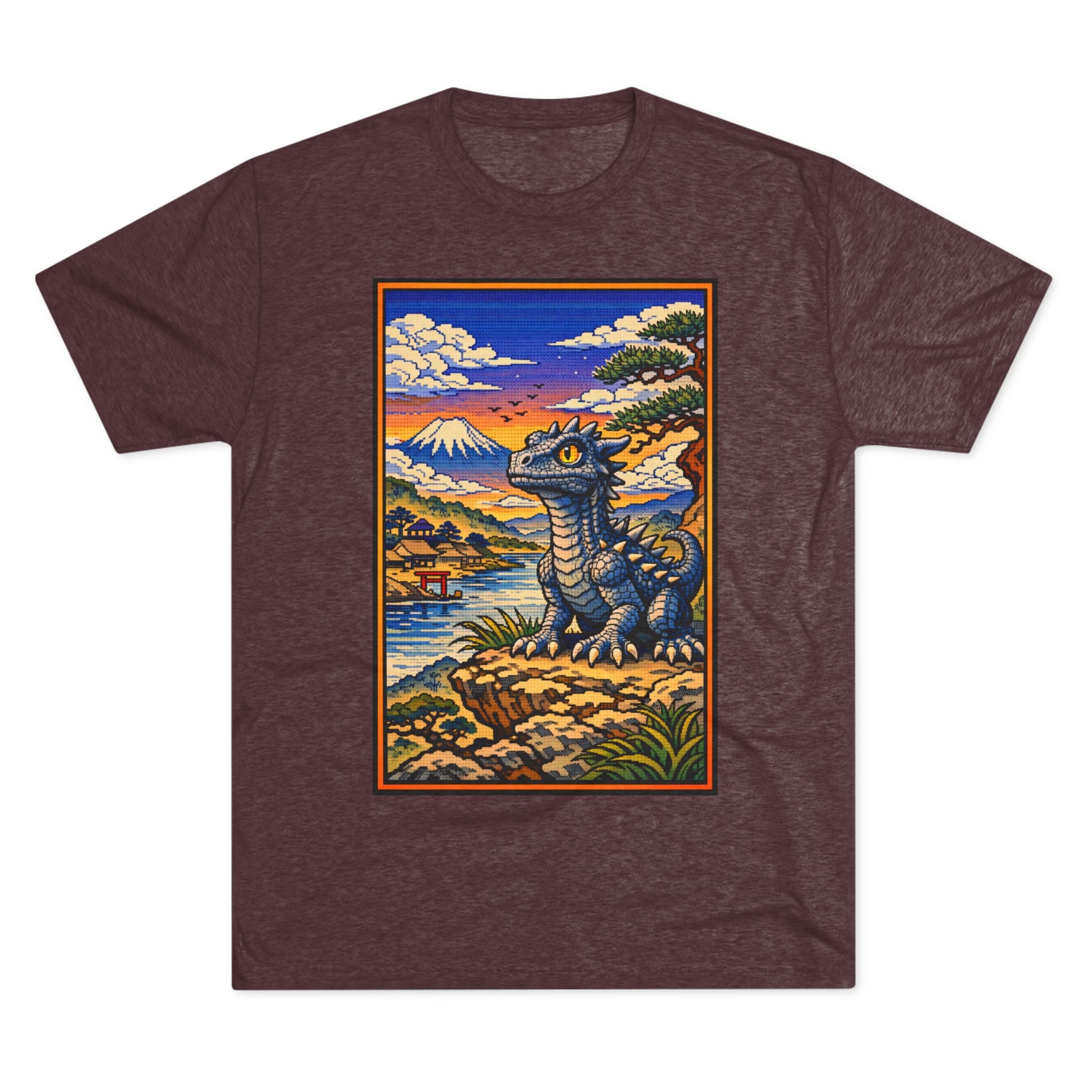 Kaiju in Ukiyo-e Sunset T-Shirt — Japanese Pet Dragon Retro Art Tee