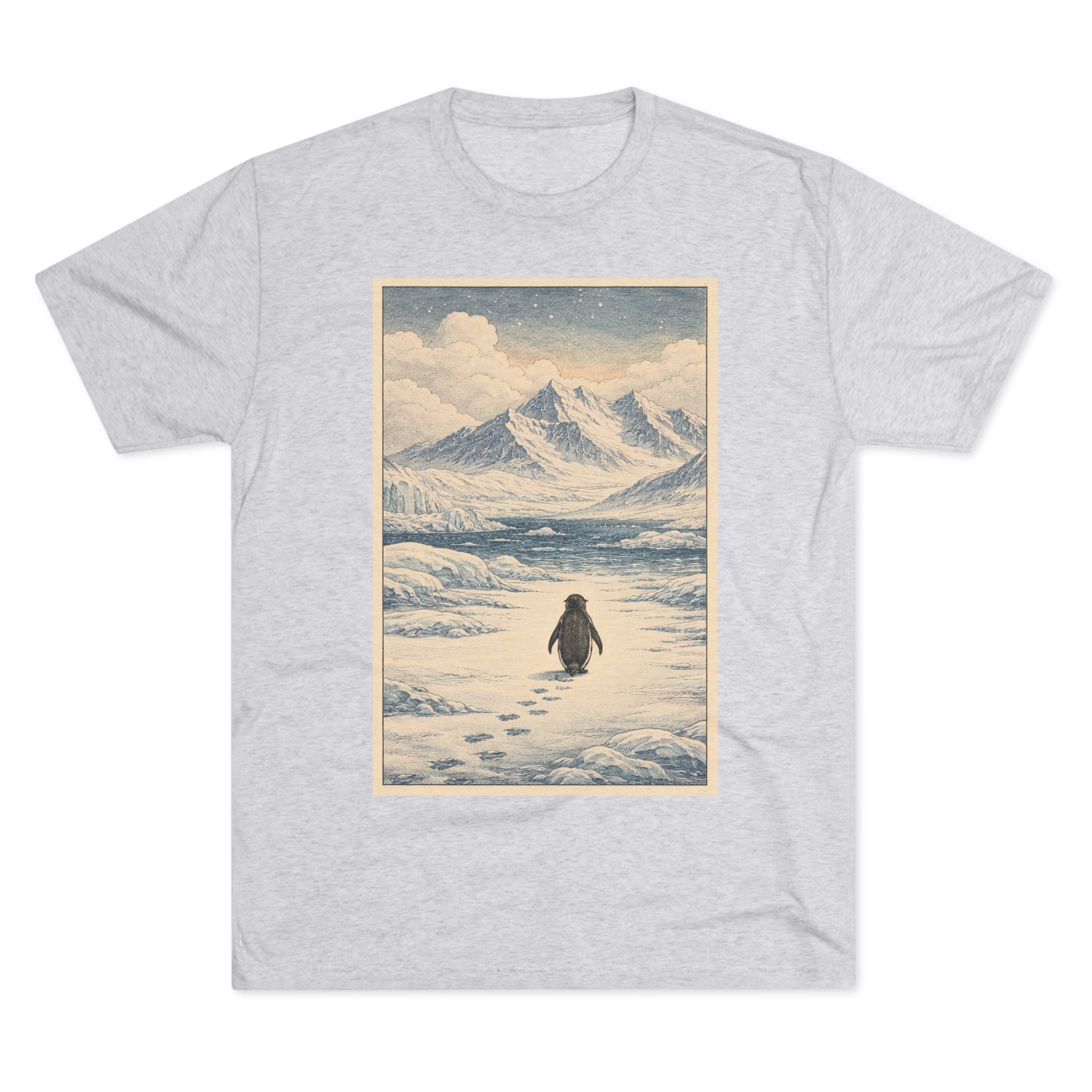 Penguin Journey Tee — Vintage Arctic Mountaintop Illustration