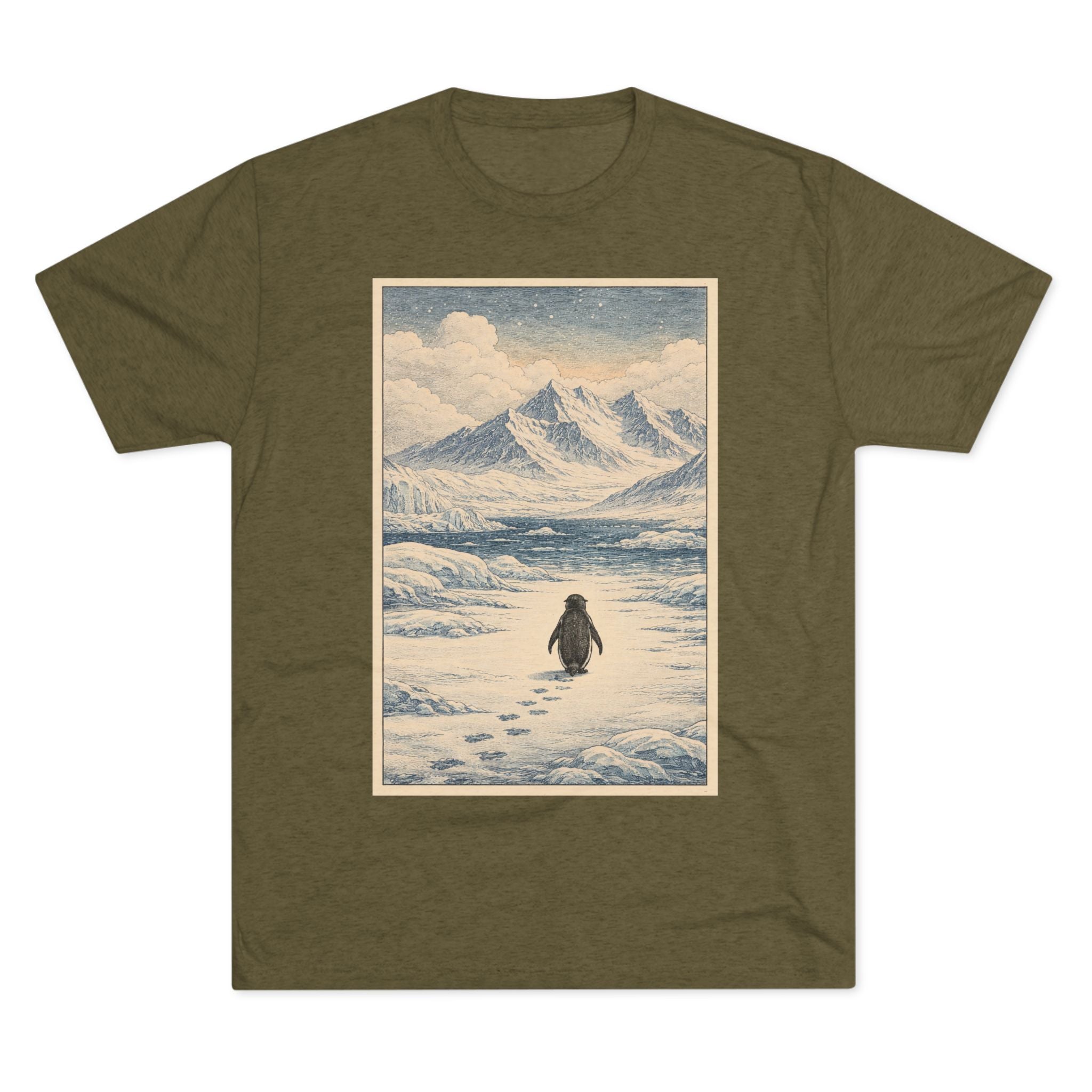 Penguin Journey Tee — Vintage Arctic Mountaintop Illustration