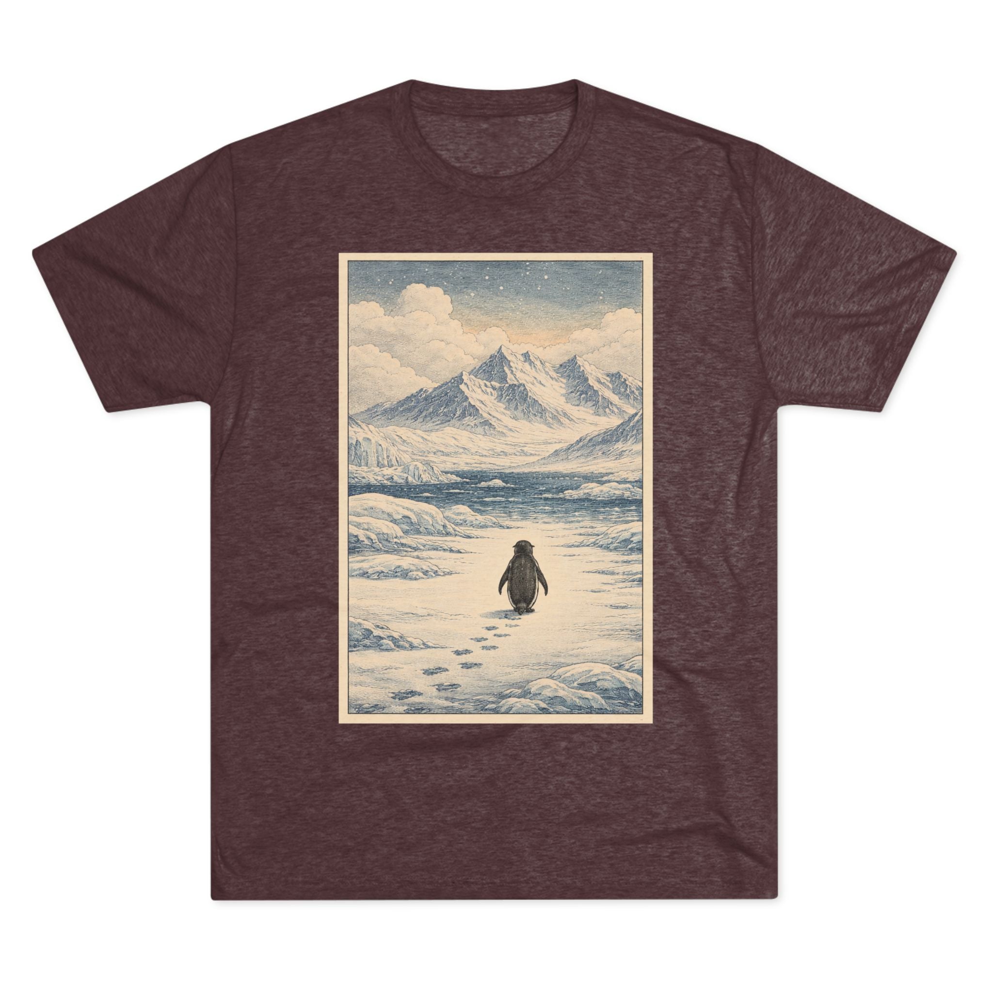 Penguin Journey Tee — Vintage Arctic Mountaintop Illustration