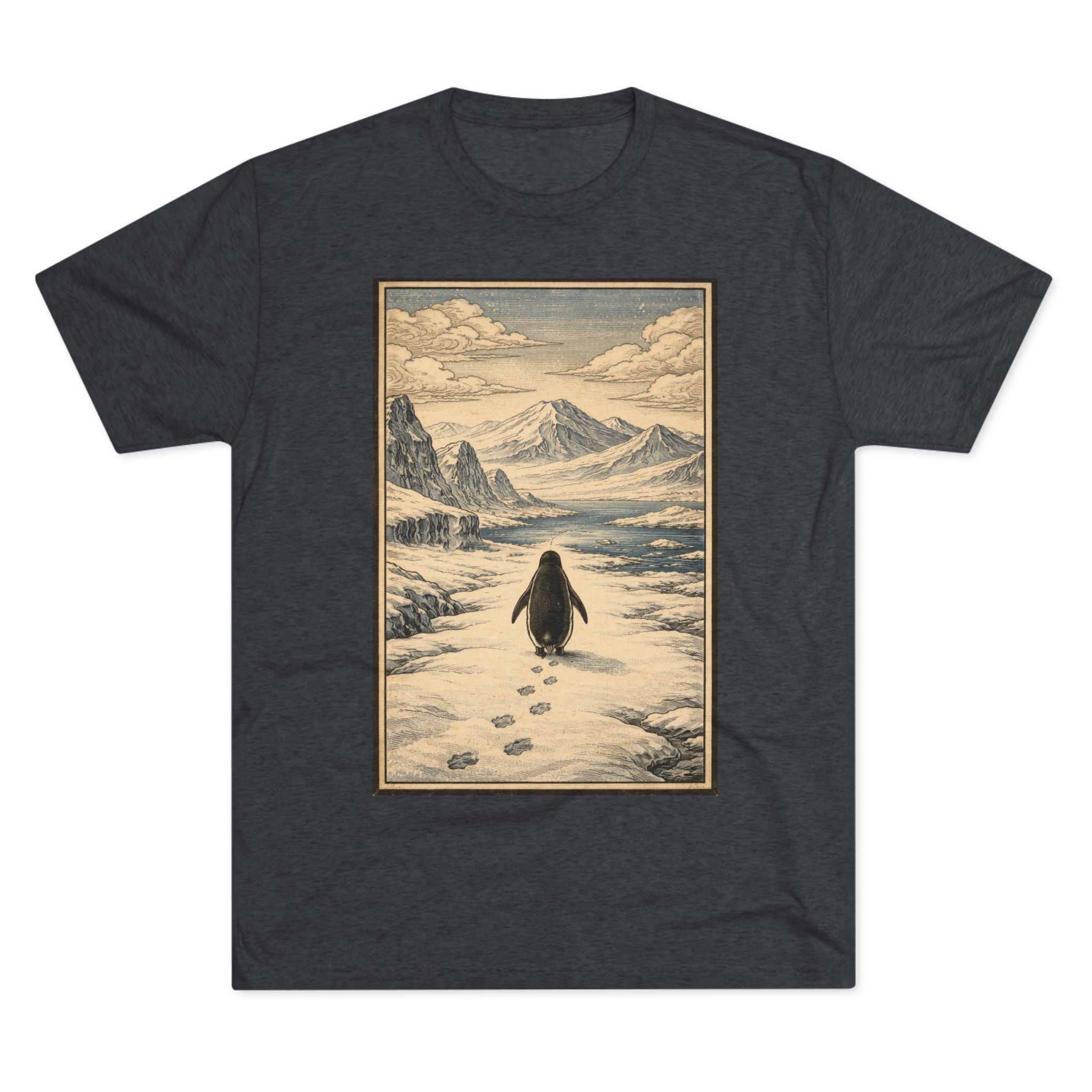 Penguin in Winter Mountain Tee — Vintage Nature Graphic T‑Shirt