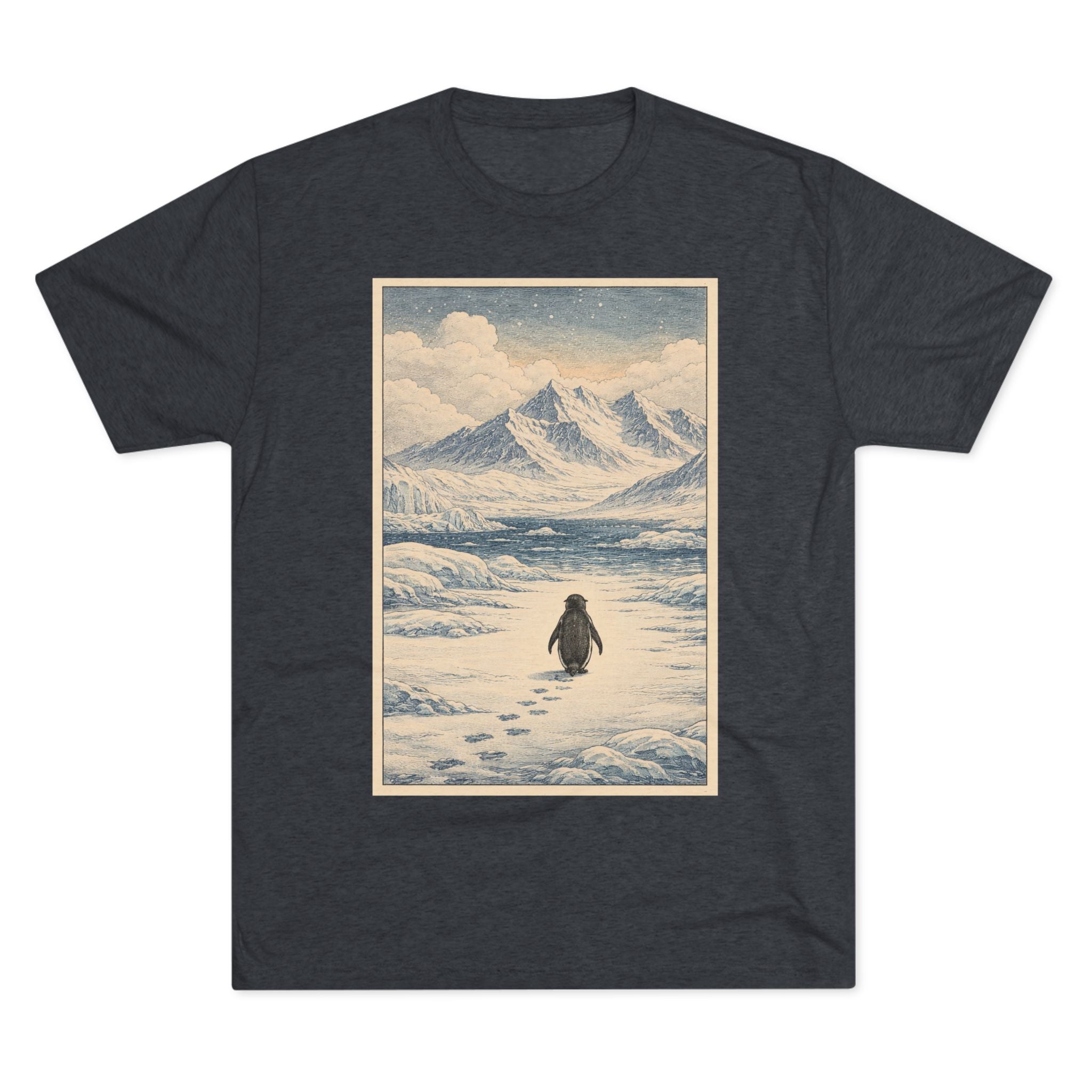 Penguin Journey Tee — Vintage Arctic Mountaintop Illustration