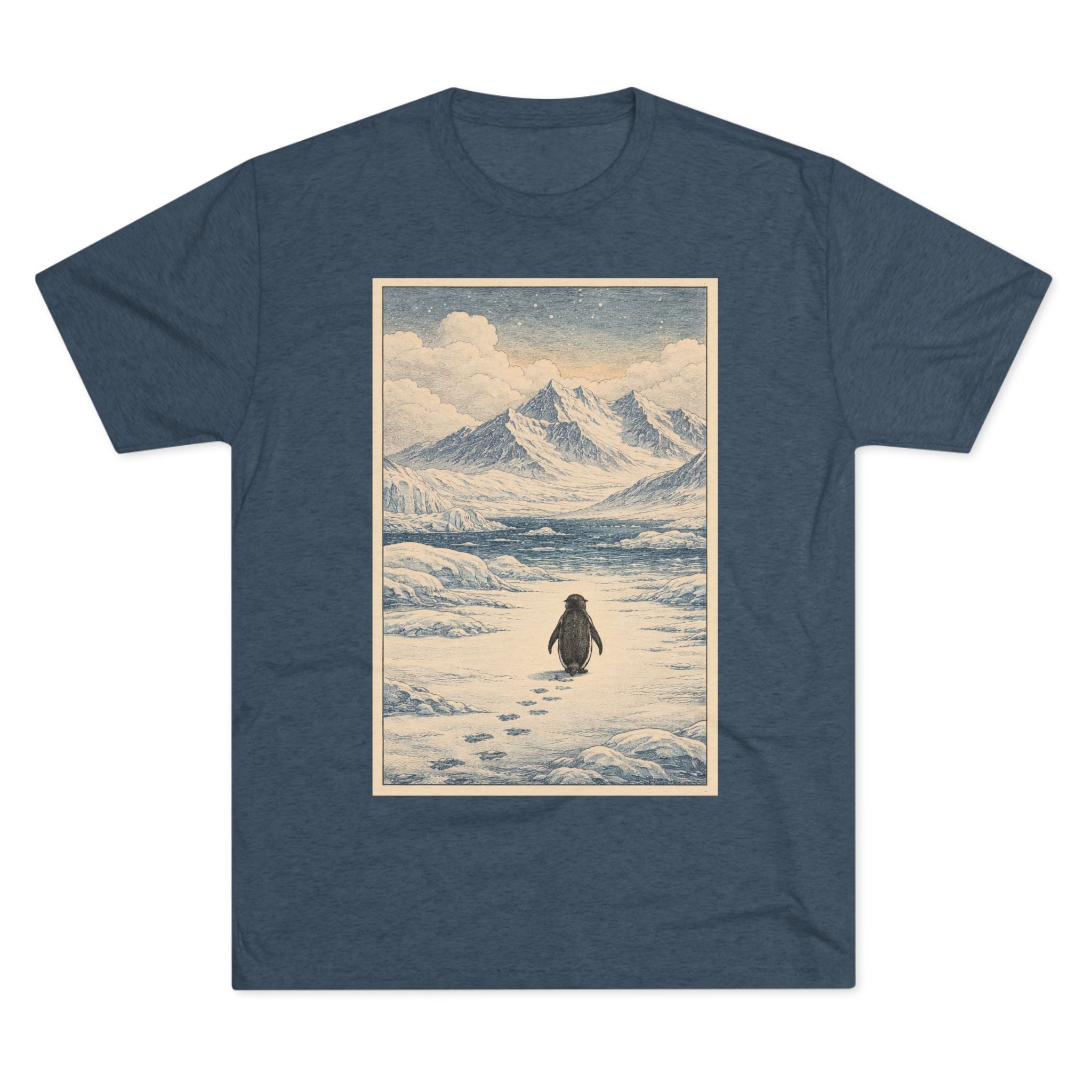 Penguin Journey Tee — Vintage Arctic Mountaintop Illustration