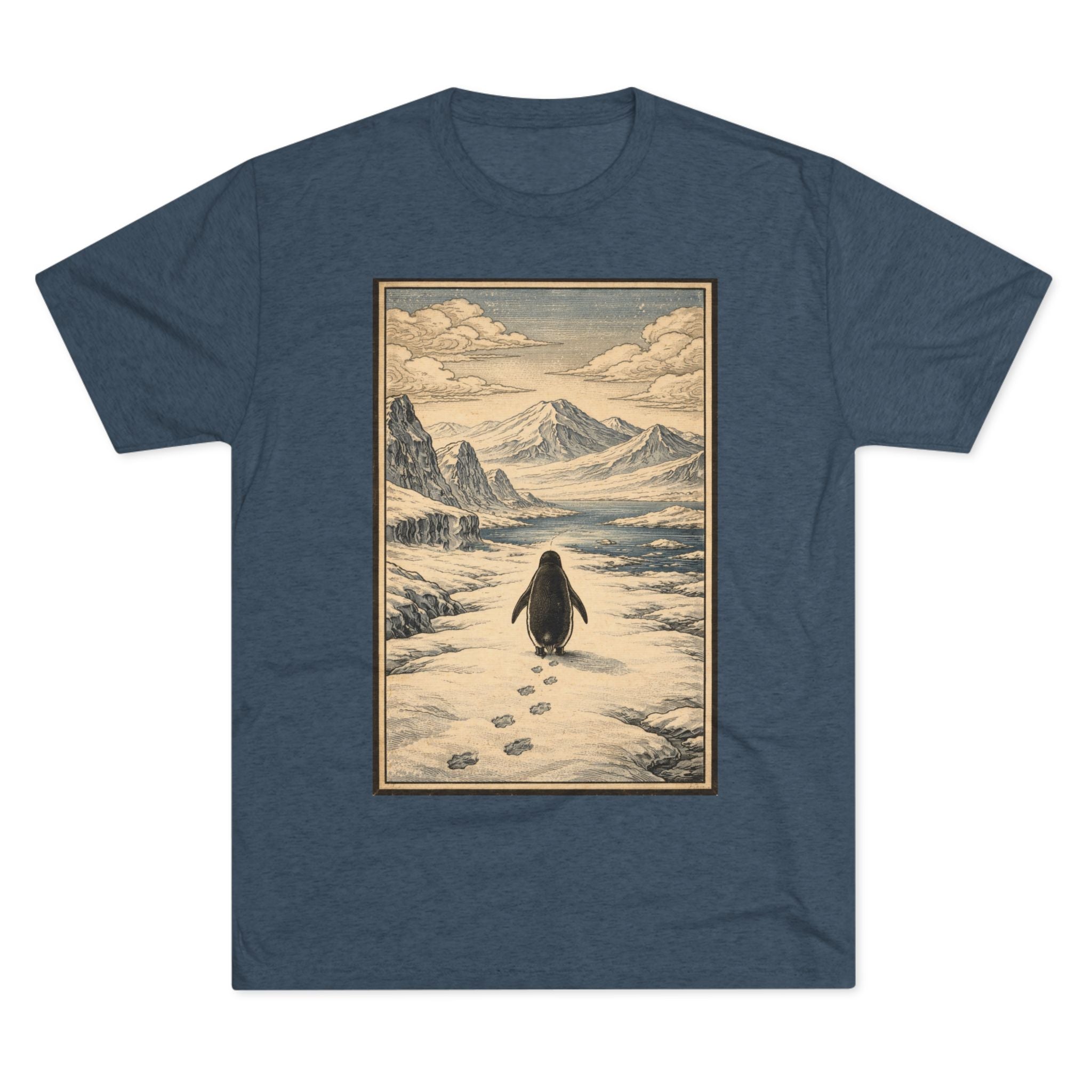 Penguin in Winter Mountain Tee — Vintage Nature Graphic T‑Shirt